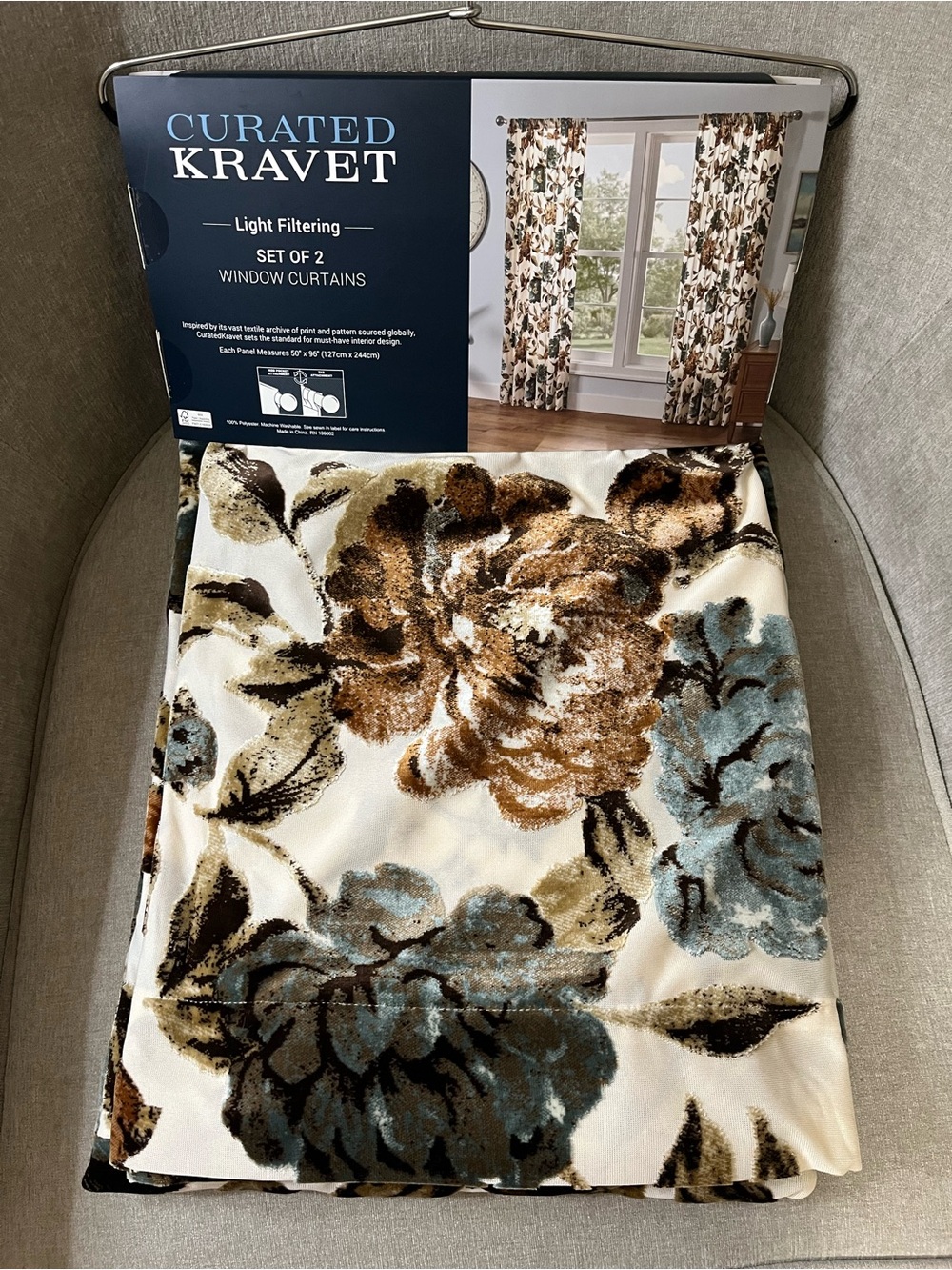 Curated Kravet Light Filtering Vintage Floral Velvet Design Drapes 50" x 96" Set